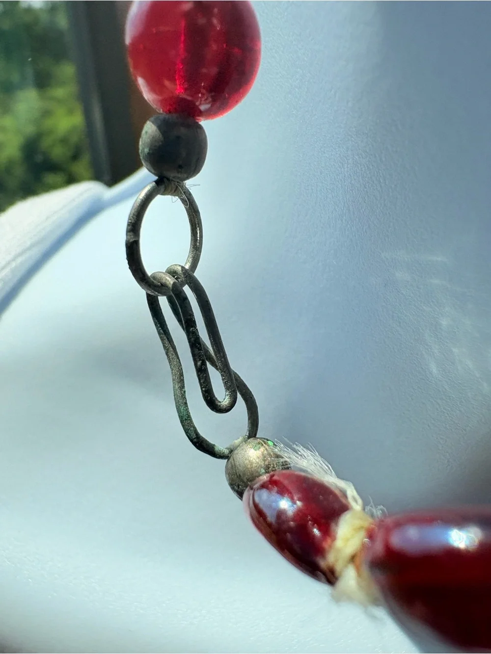 Italian Multi-Strand Red Murano Glass iridescent Bead Necklace Gold Accents 30”